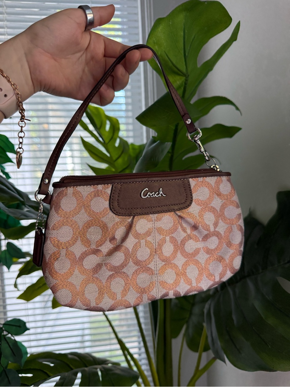 Coach Peach Signature Canvas Wristlet with Brown Trim